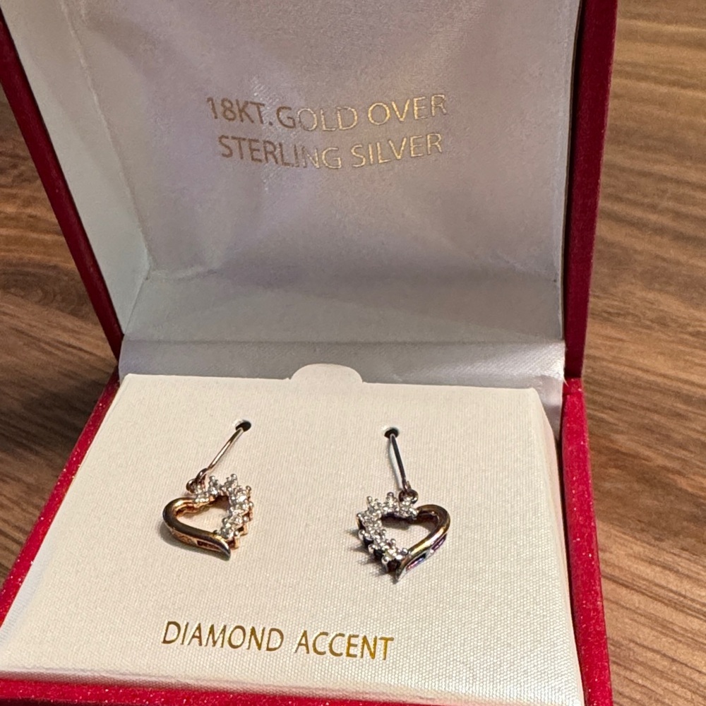 18K Gold Over Sterling Silver Heart Earrings with Diamond Accent